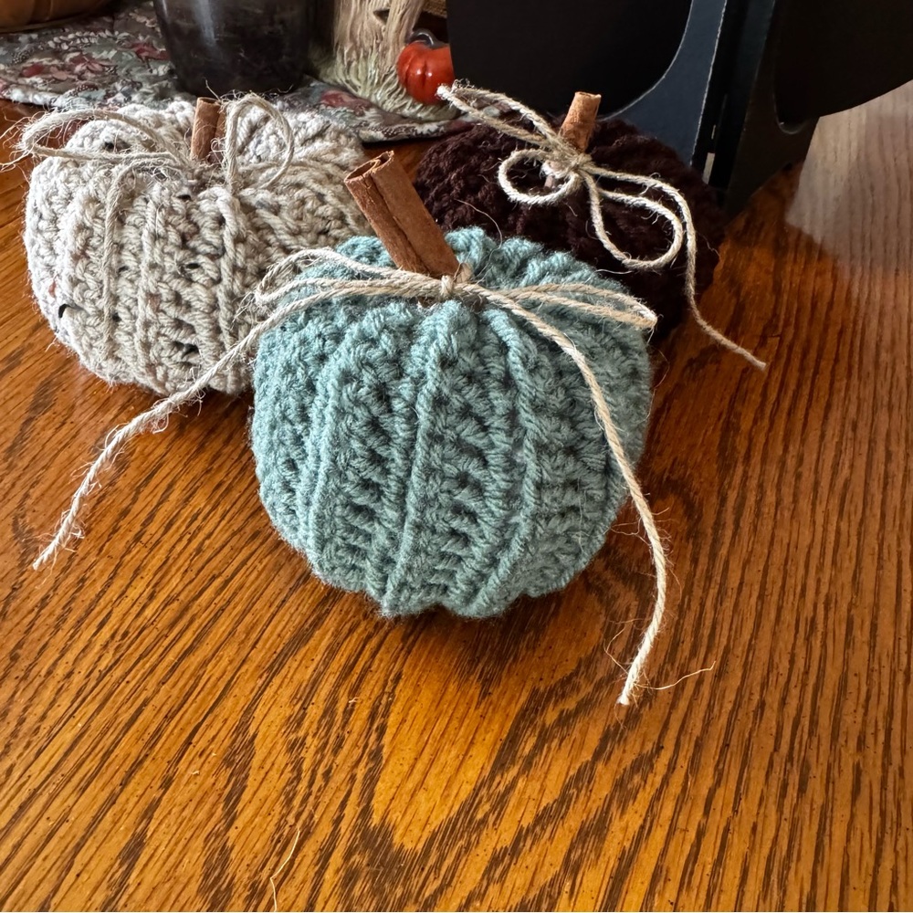 Handcrafted Crocheted Pumpkins Set Of 3 Light Blue Brown, Gray